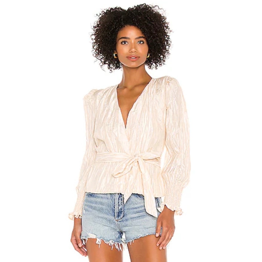 NBD Crinkle Wrap Top Champagne Cream Puffed Shoulder Smocked Ruffle Cuff XS